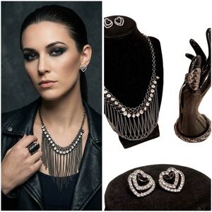 Jewelry Bundle (4) Necklace, Bangle, Stretchy Ring & Double Heart Earrings Set